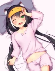 Rule 34 | 1girl, ;o, animal ear fluff, animal ears, bad id, bad pixiv id, bed sheet, black hair, blush, cat ears, commentary request, eye mask, green eyes, hair between eyes, highres, holding, karyl (princess connect!), long hair, long sleeves, looking at viewer, low twintails, lying, midriff, multicolored hair, navel, one eye closed, pajamas, princess connect!, sidelocks, solo, streaked hair, tamariyazuna, twintails, two-tone hair, waking up