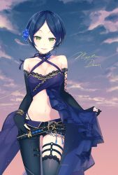 Rule 34 | 1girl, asymmetrical clothes, bare shoulders, belt, black gloves, black nails, black pants, bracelet, breasts, cleavage, cloud, collarbone, cowboy shot, criss-cross halter, earrings, elbow gloves, english text, gloves, gradient sky, halterneck, hand on own hip, hayami kanade, highres, idolmaster, idolmaster cinderella girls, idolmaster cinderella girls starlight stage, jewelry, lace trim, lips, looking at viewer, medium breasts, nail polish, navel, outdoors, pants, parted bangs, parted lips, partially fingerless gloves, silltare, single pantsleg, single thighhigh, sky, smile, solo, standing, star (sky), starry sky, stimpy, stomach, thigh strap, thighhighs, thong, twilight, twitter username