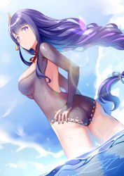Rule 34 | 1girl, 2r- (pixiv8168114), absurdres, braid, bridal gauntlets, closed mouth, cloud, cloudy sky, commentary request, day, dutch angle, from behind, genshin impact, hair ornament, highres, lace, lace-trimmed swimsuit, lace trim, long hair, looking back, mole, mole under eye, nail polish, outdoors, purple eyes, purple hair, purple nails, raiden shogun, sky, solo, swimsuit, tassel, water