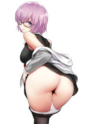 Rule 34 | 1girl, absurdres, ass, bad id, bad pixiv id, bare shoulders, black-framed eyewear, black pantyhose, black shirt, blush, breasts, clothes pull, commentary, fate/grand order, fate (series), glasses, grey jacket, hair over one eye, highres, jacket, large breasts, light purple hair, long sleeves, looking at viewer, looking back, mash kyrielight, off shoulder, panties, panty pull, pantyhose, pantyhose pull, parted lips, purple eyes, shirt, short hair, simple background, sleeveless, solo, tabobox, thighs, underwear, white background, white panties