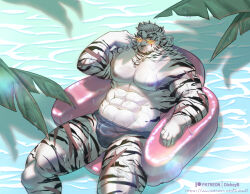 Rule 34 | 1boy, abs, absurdres, alternate costume, animal ears, arknights, bara, blue male swimwear, bulge, facial hair, from above, furry, furry male, goatee, highres, large pectorals, leng xiaoyu, looking at viewer, male focus, male swimwear, mature male, mountain (arknights), muscular, muscular male, navel, nipples, on innertube, palm tree, pectorals, scar, scar across eye, short hair, solo, stomach, strongman waist, swim briefs, thick eyebrows, thick thighs, thighs, tiger boy, tiger ears, topless male, tree, tree shade, water, wet male swimwear, white fur, white hair