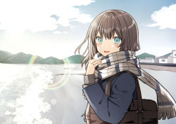Rule 34 | 1girl, :d, bag, blue eyes, blue jacket, blue sky, blush, brown hair, cloud, commentary request, day, fringe trim, hair between eyes, hand up, jacket, kurata rine, lens flare, long sleeves, looking at viewer, mountain, open mouth, original, outdoors, scarf, school bag, sky, smile, solo, standing, upper body, white scarf
