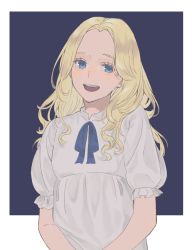 Rule 34 | 1girl, :d, arms at sides, blonde hair, blue background, blue eyes, blue ribbon, border, camisole, commentary, curly hair, eyelashes, flat chest, frilled sleeves, frills, half-closed eyes, happy, long hair, looking at viewer, marnie (omoide no marnie), miiiisakoo, neck ribbon, omoide no marnie, open mouth, puffy short sleeves, puffy sleeves, ribbon, short sleeves, simple background, smile, solo, standing, teeth, upper body, upper teeth only, v arms, white border