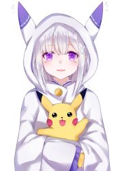 Rule 34 | 10s, 1girl, :3, :d, ^^^, absurdres, animal hood, arm up, black eyes, blush, buttons, carrying, creatures (company), crossover, elf, emilia (re:zero), eyebrows, game freak, gen 1 pokemon, hair ornament, hairclip, highres, hood, hug, hug from behind, long hair, long sleeves, looking at viewer, nintendo, open mouth, outstretched arm, pikachu, pointy ears, pokemon, pokemon (creature), purple eyes, re:zero kara hajimeru isekai seikatsu, simple background, sll, smile, trait connection, upper body, white background, white hair, wide sleeves