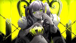Rule 34 | bandaid, bandaid on knee, bandaid on leg, cape, chair, collar, collarbone, commentary request, crown, english text, green eyes, green theme, hair between eyes, hair ornament, hairclip, highres, holding, holding crown, hololive, king (vocaloid), long hair, looking at viewer, portrait, sitting, tate yukimi, tokoyami towa, twintails, unworn crown, virtual youtuber, vocaloid, yellow background