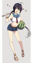Rule 34 | 1other, ahoge, androgynous, belt, belt buckle, black hair, blue sailor collar, bracelet, braid, brown belt, buckle, crop top, ebi fly 55, fate/samurai remnant, fate (series), food, fruit, full body, grey background, hair intakes, hair ornament, highres, holding, holding food, holding fruit, holding watermelon, jewelry, long braid, midriff, navel, neckerchief, over shoulder, red neckerchief, sailor collar, sandals, shirt, short shorts, shorts, sidelocks, single braid, sleeveless, smile, solo, sparkle, stomach, watermelon, weapon, weapon over shoulder, white shirt, x hair ornament, yamato takeru (fate), yellow eyes