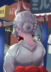 Rule 34 | 1girl, back bow, bow, braid, candy apple, commentary request, copyright request, food, from behind, grey hair, grey kimono, hair bun, highres, horns, japanese clothes, kimono, market stall, multiple horns, night, outdoors, red bow, sidelocks, solo, yi fu yu