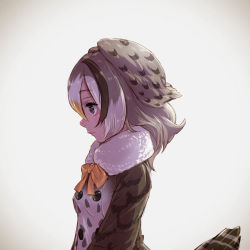Rule 34 | 10s, 1girl, bird tail, black hair, blonde hair, bow, bowtie, breasts, buttons, closed mouth, coat, from side, fur collar, grey eyes, grey hair, hair between eyes, highres, kemono friends, kyuushuu owl (kemono friends), long hair, multicolored hair, nose, orange bow, orange bowtie, profile, realistic, small breasts, solo, tail, takami masahiro, upper body, white hair