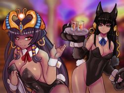 Rule 34 | animal ears, animal hands, anubis (monster girl encyclopedia), breasts, casino, cleavage, cocktail dress, crown, dark skin, dog ears, dog paws, dog tail, dress, egyptian, ezzydraws, gold, jackal claws, jackal ears, jackal paws, jackal tail, leotard, looking at viewer, monster girl, monster girl encyclopedia, monster girl encyclopedia ii, necktie, pharaoh, pharaoh (monster girl encyclopedia), revealing clothes, smile, tail, tiara, undead, wolf ears