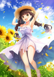 Rule 34 | 1girl, :d, absurdres, bare legs, blue sky, blunt bangs, braid, breasts, brown eyes, brown hair, cleavage, cloud, collarbone, day, dress, feet, flower, foot out of frame, frilled dress, frills, hair flower, hair ornament, hand on headwear, hat, highres, koki (latte1023), leaf, looking at viewer, medium breasts, open mouth, original, outdoors, petals, sandals, sky, smile, solo, straw hat, sun hat, sundress, sunflower, teeth, toes, twin braids, twintails, upper teeth only, walking, white dress, wind, wind lift