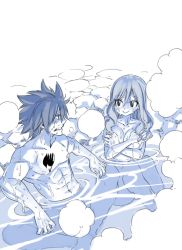 Rule 34 | 1boy, 1girl, abs, blush, breasts, covering breasts, covering privates, fairy tail, frown, gray fullbuster, juvia lockser, large breasts, mashima hiro, mixed-sex bathing, monochrome, nude, onsen, partially submerged, pectorals, shared bathing, sitting, smile, spiked hair, steam, tattoo, water, wet
