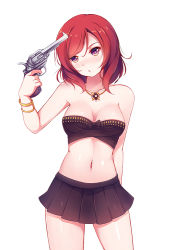 Rule 34 | 10s, 1girl, :o, bandeau, bare arms, bare legs, bare shoulders, black skirt, blush, bracelet, breasts, cleavage, collarbone, derivative work, euforia, female focus, finger on trigger, gun, gun to head, head tilt, heterochromia, holding, holding gun, holding weapon, jewelry, legs, looking at viewer, love live!, love live! school idol project, medium breasts, midriff, navel, neck, necklace, nishikino maki, orange eyes, parted lips, photo-referenced, pile (voice actor), pleated skirt, purple eyes, red hair, ribbon, serious, short hair, simple background, skirt, solo, standing, stomach, strapless, tube top, voice actor connection, weapon, white background