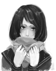 Rule 34 | 1girl, black hair, covering own mouth, greyscale, katou taira, mole, mole under eye, monochrome, portrait, sad, scarf, scarf over mouth, school uniform, snot, solo, tears