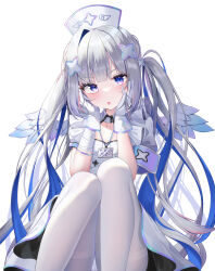 Rule 34 | 1girl, amane kanata, amane kanata (nurse), angel, angel wings, blue hair, blush, chanpower233, collar, detached collar, gloves, grey hair, hair intakes, hat, highres, hololive, id card, long hair, looking at viewer, nurse cap, official alternate costume, pantyhose, purple eyes, smile, solo, tongue, tongue out, two side up, very long hair, virtual youtuber, white background, white collar, white gloves, white hat, white pantyhose, wings