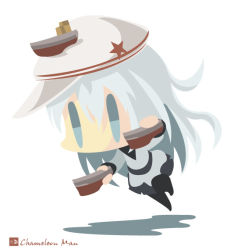Rule 34 | 1girl, artist name, bad id, bad pixiv id, blue eyes, chameleon man (three), chibi, flat cap, full body, hat, hat ornament, hibiki (kancolle), kantai collection, long hair, no lineart, no mouth, simple background, solo, star (symbol), star hat ornament, verniy (kancolle), white background, white hair