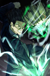 Rule 34 | 1boy, absurdres, anger vein, angry, black hair, brown eyes, business suit, feet out of frame, fighting stance, formal, glasses, highres, hunter x hunter, leorio paladiknight, long sleeves, male focus, nen (hunter x hunter), pants, scene reference, shirt, short hair, solo, spiked hair, suit, sunglasses, tomaton (t 0), white shirt