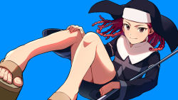 Rule 34 | 1girl, agnese sanctis, asada hachi, blue background, braid, brown eyes, closed mouth, commentary request, floating hair, habit, light smile, long hair, looking at viewer, nun, platform footwear, red hair, robe, sandals, simple background, solo, toaru majutsu no index, toes