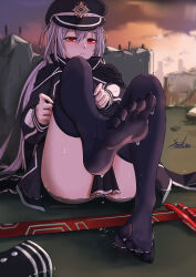 Rule 34 | 1girl, absurdres, black hat, black scarf, black thighhighs, duel monster, feet, grey hair, hat, highres, long hair, low twintails, peaked cap, red eyes, removing legwear, saikre, scarf, sky striker ace - roze, soles, solo, sword, thighhighs, toes, twintails, weapon, yu-gi-oh!