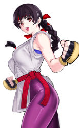 Rule 34 | 1girl, bare shoulders, black hair, braid, braided ponytail, breasts, clenched hands, commentary request, dougi, fingerless gloves, gloves, headband, highres, long hair, looking at viewer, medium breasts, open mouth, red eyes, red headband, ryuuko no ken, shiny clothes, simple background, single braid, skin tight, sleeveless, smile, solo, spandex, tetsu (kimuchi), the king of fighters, the king of fighters xv, yuri sakazaki