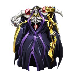 Rule 34 | 1boy, ainz ooal gown, black dress, dress, holding, hooded, key visual, long dress, male focus, monster, official art, outstretched arms, overlord (maruyama), promotional art, skeleton, skull, solo, standing
