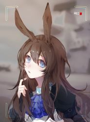 Rule 34 | 1girl, absurdres, alternate hairstyle, amiya (arknights), animal ears, arknights, ascot, black jacket, blue ascot, blue collar, blue eyes, collar, hair between eyes, hair down, hand in own hair, hand up, highres, jacket, jewelry, jpg3045129, long hair, looking at viewer, neck ring, open mouth, parted lips, rabbit ears, recording, shirt, sidelocks, solo, upper body, viewfinder, white shirt