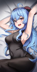 Rule 34 | 1girl, absurdres, ahoge, armpits, bare shoulders, blue hair, blush, breasts, dvdraw, ganyu (genshin impact), genshin impact, highres, horns, large breasts, long hair, looking at viewer, open mouth, purple eyes, solo