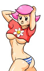 Rule 34 | animal crossing, breasts, crop top, flower, highres, i am jemboy, nintendo, panties, pink hair, red shirt, shirt, solo, striped clothes, striped panties, transparent background, underboob, underwear, villager (animal crossing)