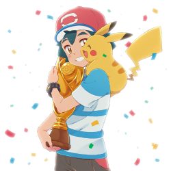 Rule 34 | 1boy, ash ketchum, baseball cap, black hair, blue shirt, brown eyes, brown shorts, celebration, commentary request, confetti, creatures (company), game freak, gen 1 pokemon, happy, hat, light, nintendo, hugging object, okaohito1, on shoulder, open mouth, pikachu, poke ball theme, pokemon, pokemon (anime), pokemon (creature), pokemon on shoulder, pokemon sm (anime), shirt, short sleeves, shorts, smile, spiked hair, spoilers, teeth, trophy, upper body, white background, z-ring