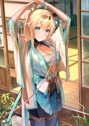 Rule 34 | 1girl, arms up, bell, black hairband, blonde hair, blue eyes, blue skirt, blush, bodystocking, breasts, cleavage, closed mouth, commentary, covered navel, cowboy shot, day, gold trim, hair between eyes, hair ornament, hair ribbon, hairband, haori, highres, hololive, japanese clothes, kainown, katana, kazama iroha, kimono, leaf hair ornament, looking at viewer, medium breasts, medium hair, miniskirt, open door, outdoors, plant, pleated skirt, ponytail, potted plant, ribbon, sarashi, scabbard, sheath, sheathed, skirt, sliding doors, solo, sword, tatami, thighhighs, virtual youtuber, weapon, white kimono, white thighhighs, wooden floor