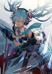 Rule 34 | 1girl, absurdres, arm tattoo, black thighhighs, blue hair, blue necktie, blush, breasts, closed eyes, commentary request, detached sleeves, floating hair, foreshortening, gradient background, hair between eyes, hair ornament, hatsune miku, headset, highres, leaning forward, legs apart, long hair, long sleeves, medium breasts, miya-ki (miya key), necktie, number tattoo, open mouth, pleated skirt, skirt, smile, solo, standing, tattoo, thighhighs, twintails, very long hair, vocaloid, white skirt, wing collar, zettai ryouiki