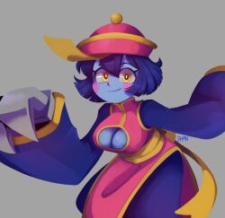 Rule 34 | 1girl, breasts, claws, cleavage cutout, clothing cutout, colored skin, hat, highres, large breasts, lei lei, pants, phanecito, purple hair, purple skin, short hair, vampire (game), wide sleeves, yellow eyes