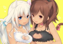 Rule 34 | 2girls, :p, alternate costume, animal ears, bell, black bra, blue eyes, blush, bra, breasts, brown eyes, brown hair, cat cutout, cat ears, cat girl, cat lingerie, cat tail, choker, cleavage, cleavage cutout, clothing cutout, collar, commentary request, flower, frilled bra, frills, fujisaki hikari, hair ornament, hairclip, highres, i-401 (kancolle), jingle bell, kantai collection, kemonomimi mode, lingerie, long hair, looking at viewer, meme attire, multiple girls, neck bell, one-piece tan, ponytail, ribbon, ro-500 (kancolle), short hair, simple background, small breasts, smile, tail, tan, tanline, tongue, tongue out, underwear, underwear only, white bra, white hair