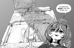Rule 34 | 1girl, ahoge, ancient egyptian architecture, asymmetrical bangs, choker, commentary, emo fashion, english commentary, english text, eyes visible through hair, greyscale, hair between eyes, hair over one eye, highres, hololive, hololive english, lace-trimmed choker, lace trim, long hair, monochrome, nanashi mumei, nanashi mumei (emo), official alternate costume, official alternate hairstyle, one side up, open mouth, outdoors, portrait, shirt, sidelocks, smile, solo, speech bubble, t-shirt, teeth, upper teeth only, virtual youtuber, william leonard