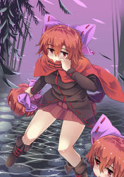 Rule 34 | 1girl, bare legs, blush, bow, commentary request, covered mouth, dot nose, expressionless, eyes visible through hair, hair between eyes, hair bow, half-closed eyes, high collar, holding, houshiruri, long sleeves, looking at viewer, multiple heads, outdoors, purple bow, purple sky, red eyes, red hair, ribbon-trimmed bow, ribbon-trimmed sleeves, ribbon trim, see-through, see-through silhouette, sekibanki, sky, solo, thigh gap, touhou