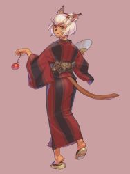 Rule 34 | 1girl, animal ears, brown eyes, cat ears, cat girl, cat tail, dark-skinned female, dark skin, facial mark, final fantasy, final fantasy xi, from behind, full body, geta, japanese clothes, kimono, looking back, mithra (ff11), open clothes, short hair, solo, tail, white hair, wide sleeves, yuccoshi
