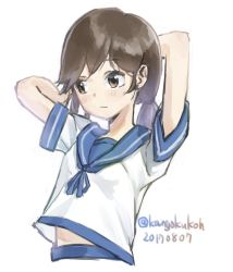 Rule 34 | 1girl, arms behind back, blue ribbon, brown eyes, brown hair, commentary request, dated, hand up, kangoku kou, kantai collection, looking away, midriff peek, one-hour drawing challenge, ribbon, sailor collar, school uniform, serafuku, shirayuki (kancolle), short sleeves, solo, stomach, twitter username, tying hair, white background