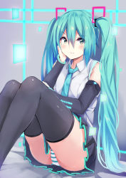 Rule 34 | 1girl, arm support, bare shoulders, black skirt, black thighhighs, collared shirt, commentary request, detached sleeves, fingernails, green eyes, green hair, green nails, green necktie, grey shirt, hair ornament, hatsune miku, highres, irohara, long hair, long sleeves, nail polish, necktie, panties, pleated skirt, shirt, sitting, skirt, solo, striped clothes, striped panties, thighhighs, twintails, underwear, very long hair, vocaloid