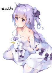 Rule 34 | 1girl, :o, azur lane, bare shoulders, black bow, black ribbon, blush, bow, collarbone, commentary request, dress, elbow gloves, gloves, hair ribbon, henet hene, holding, holding stuffed toy, long hair, looking at viewer, looking to the side, parted lips, purple eyes, purple hair, ribbon, simple background, sitting, solo, strapless, strapless dress, stuffed animal, stuffed toy, stuffed unicorn, stuffed winged unicorn, thighhighs, twitter username, two side up, unicorn (azur lane), very long hair, wariza, white background, white dress, white gloves, white thighhighs