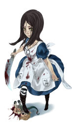 Rule 34 | 1girl, alice: madness returns, alice (alice in wonderland), alice in wonderland, alice liddell (american mcgee&#039;s alice), american mcgee&#039;s alice, american mcgee's alice, bad id, bad pixiv id, black hair, blood, boots, doll, dress, female focus, green eyes, harumai, highres, jewelry, knife, long hair, necklace, pantyhose, smile, solo, striped clothes, striped pantyhose, vorpal blade