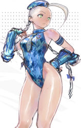 Rule 34 | 1girl, ahoge, alternate color, alternate hair color, bare shoulders, beret, blue leotard, bow, braid, cammy white, camouflage, capcom, elbow gloves, gloves, green eyes, hair bow, hand on own hip, hat, huge ahoge, leotard, long hair, low-tied long hair, necktie, okojo, silver hair, solo, street fighter, twin braids