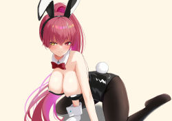 Rule 34 | 1girl, absurdres, all fours, animal ears, areola slip, black leotard, black pantyhose, blush, bow, bowtie, breasts, closed mouth, collarbone, commentary request, crossed bangs, detached collar, fake animal ears, fake tail, full body, gloves, gradient hair, hairband, highres, hololive, houshou marine, large breasts, leotard, long hair, looking at viewer, multicolored hair, no shoes, oniku (o29sukizero), pantyhose, playboy bunny, ponytail, purple hair, rabbit ears, rabbit tail, red bow, red bowtie, red eyes, red hair, shiny clothes, sidelocks, smile, solo, tail, tan background, thighs, virtual youtuber, white gloves, yellow eyes