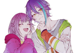 Rule 34 | 1boy, 1girl, akazu kieshi, asymmetrical hair, blue hair, blunt bangs, clenched hand, close-up, closed eyes, closed mouth, collarbone, cupping hands, dot nose, eyelashes, facing viewer, fingernails, grey shirt, hair between eyes, hand on own arm, hand on own chin, hands up, happy, height difference, highres, hood, hood down, hooded jacket, jacket, kamishiro rui, leaning to the side, looking afar, multicolored clothes, multicolored hair, multicolored jacket, ootori emu, open mouth, own hands together, pale color, pale skin, pink hair, pink jacket, project sekai, purple hair, shirt, short hair, side-by-side, simple background, sleeves past wrists, smirk, streaked hair, striped clothes, striped jacket, striped sleeves, talking, tsurime, twitter username, two-tone jacket, upper body, whispering, white background, white jacket, yellow eyes