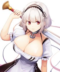 Rule 34 | 1girl, anchor choker, azur lane, black dress, blue ribbon, breasts, cleavage, closed mouth, collarbone, dress, fingernails, frilled sleeves, frills, hairband, hand up, highres, holding, holding sword, holding weapon, huge breasts, lace-trimmed hairband, lace trim, lips, looking to the side, pink ribbon, puffy short sleeves, puffy sleeves, raised eyebrows, red eyes, ribbon, shiny skin, short hair, short sleeves, simple background, sirius (azur lane), solo, sword, two-tone dress, utata (122), weapon, white background, white dress, white hair