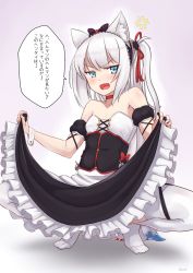 Rule 34 | 1girl, anger vein, animal ears, azur lane, bare shoulders, blue eyes, blush, bow, cat ears, choker, clothes lift, corset, detached sleeves, dress, dress lift, fang, frilled dress, frills, frown, full body, hair bow, hair ribbon, hammann (azur lane), highres, long dress, long hair, looking at viewer, maid headdress, niiyamuneko, one side up, open mouth, red bow, ribbon, short sleeves, solo, spread legs, squatting, strapless, strapless dress, thighhighs, very long hair, white hair, white thighhighs, wrist cuffs