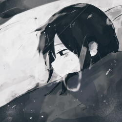 1girl bags_under_eyes black_hair chito_(shoujo_shuumatsu_ryokou) dutch_angle from_above greyscale hair_between_eyes half-closed_eye highres looking_ahead lying monochrome on_side outdoors portrait profile shoujo_shuumatsu_ryokou snow solo stuffing_scone under_covers