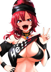 Rule 34 | 1girl, absurdres, bare shoulders, bikini, black bikini, black collar, black headwear, black shirt, breasts, clothes lift, clothes writing, collar, fangs, hecatia lapislazuli, highres, large breasts, lifted by self, long hair, looking at viewer, nail polish, open mouth, red eyes, red hair, red nails, rihito (usazukin), shirt, shirt lift, short sleeves, simple background, smile, solo, swimsuit, touhou, upper body, v, white background, wristband