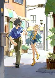 Rule 34 | 1boy, 1girl, alternate costume, arm tattoo, bare legs, belt, black hair, blonde hair, blue jacket, blue shirt, boots, brown belt, building, city, contemporary, couple, denim, denim shorts, eye contact, genshin impact, green hair, green pants, hetero, highres, jacket, jewelry, looking at another, looking back, lumine (genshin impact), multicolored hair, n.s.egg, necklace, open clothes, open jacket, outdoors, pants, plant, planter, shirt, shorts, t-shirt, tattoo, torn clothes, torn shorts, xiao (genshin impact), yellow footwear, yellow shirt