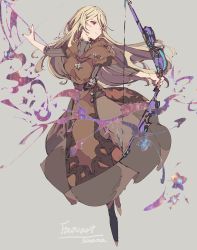 Rule 34 | 1girl, arrow (projectile), artist name, bad id, bad pixiv id, blonde hair, bow (weapon), brown dress, copyright request, dress, full body, grey background, hair over one eye, highres, holding, holding bow (weapon), holding weapon, lemming no suana, long hair, red eyes, simple background, smile, solo, weapon