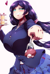 Rule 34 | 10s, 1girl, blazer, breasts, cake, food, foreshortening, fork, fruit, green eyes, grin, heart, huge breasts, long hair, looking at viewer, love live!, love live! school idol project, low twintails, purple hair, school uniform, scrunchie, skirt, smile, solo, strawberry, taut clothes, tokyo (great akuta), tojo nozomi, twintails