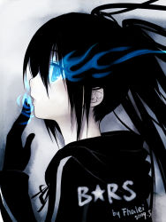 Rule 34 | 10s, 1girl, bad id, bad pixiv id, black hair, black rock shooter, black rock shooter (character), blue eyes, female focus, fhalei, glowing, glowing eyes, gradient background, long hair, pale skin, profile, solo, twintails, vocaloid